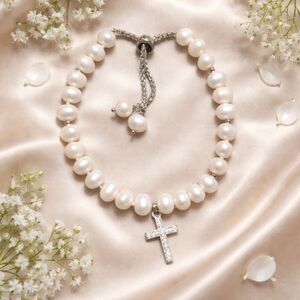 White Freshwater Pearl Adjustable Bracelet with Crystal Cross Charm